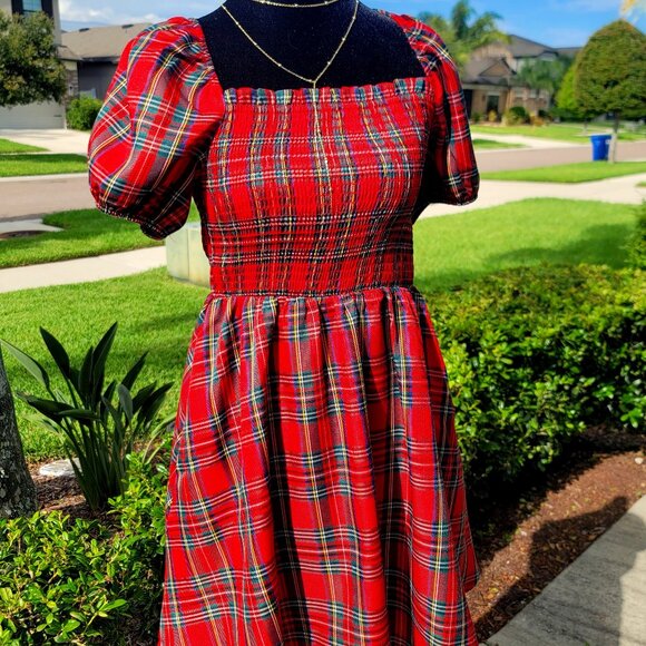 Vintage Vibes Red Plaid Puff Sleeve Dress | Altered State | Cottagecore Dream - Picture 1 of 6